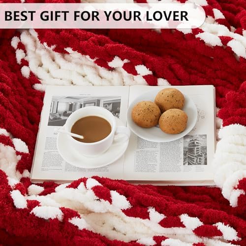 L'AGRATY Chunky Knit Throw Blanket for Couch, 72 x 84 Inches, Red White - Image 6