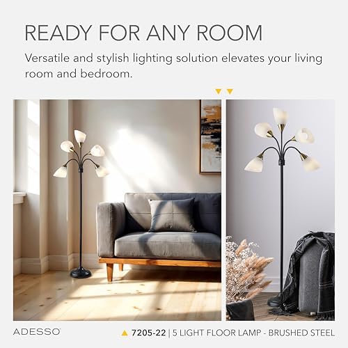 Adesso Floor Lamp with 5 Movable Shades & Adjustable Brightness, Brushed Steel Finish, Silver Perfect Lighting for Bedroom Decor, Beauty & Art Studio - Image 3
