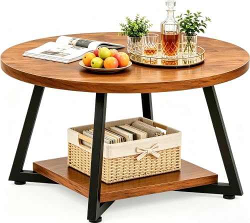 Coffee Tables for Living Room, 27.6" Round Coffee Table, Brown Coffee Table by FAMIDGE