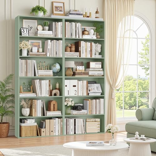 FOTOSOK 6 Tier Tall Bookshelf and Bookcase, Open Display Shelves, Green 2PK - Image 5