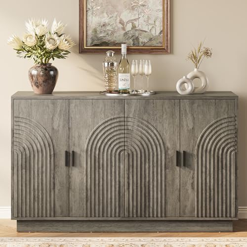 Fluted Sideboard Buffet Cabinet with Storage - 57" Credenza Coffee Bar Cabinet with 4 Doors, Accent Kitchen Storage Cabinets with Adjustable Shelves for Living & Kitchen, Entryway, Modern by Curlaky