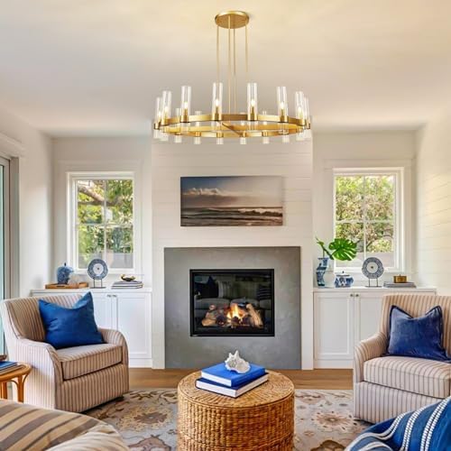 Modern 48" Gold Wagon Wheel Chandelier, Brass Round Chandeliers for Dining Room,16-Light Farmhouse Living Room Chandelier with Glass Tube for Bedroom,Staircase, Foyer, Entryway, Includes Bulbs - Image 6