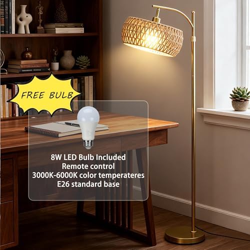 Gold Floor Lamps for Living Room, Arc Floor Lamp with Remote & Dimmable Bulb, 3 Color Temp Boho Standing lamp with Rattan Cage Shade, Height Adjustable Tall Lamp for Bedroom Corner - Image 7