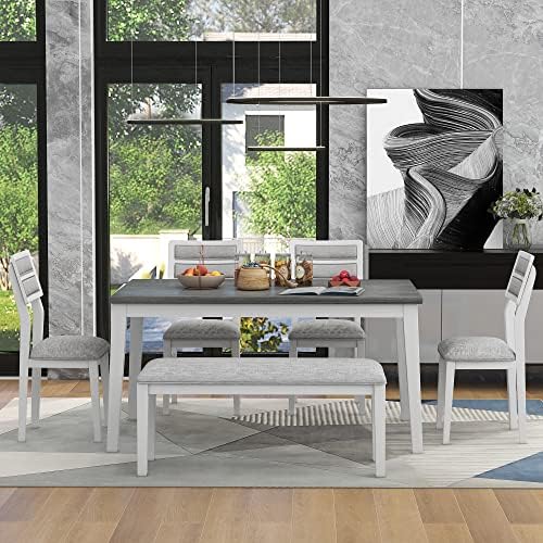 Harper & Bright Designs Classic and Traditional Style 6 - Piece Dining Set, Includes Dining Table, 4 Upholstered Chairs & Bench (White+Gray), (ST000043AAK-MZJ) - Image 6