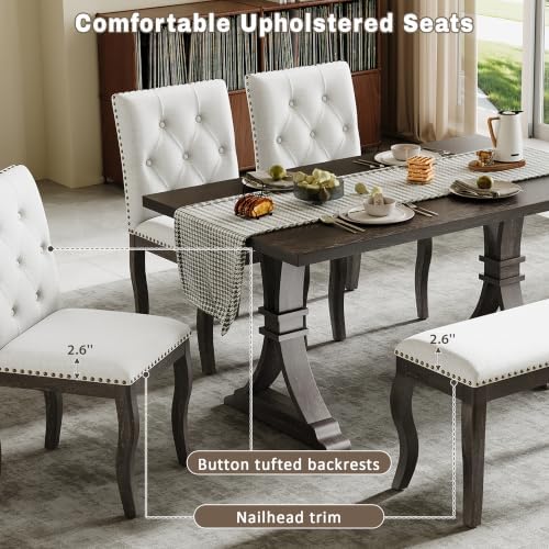 LUMISOL 6-Piece Dining Table Set with Bench, Farmhouse Kitchen Table Set with 4 Upholstered Button Tufted Chairs, Nailhead Trim & Curved Wood Legs, Espresso - Image 6