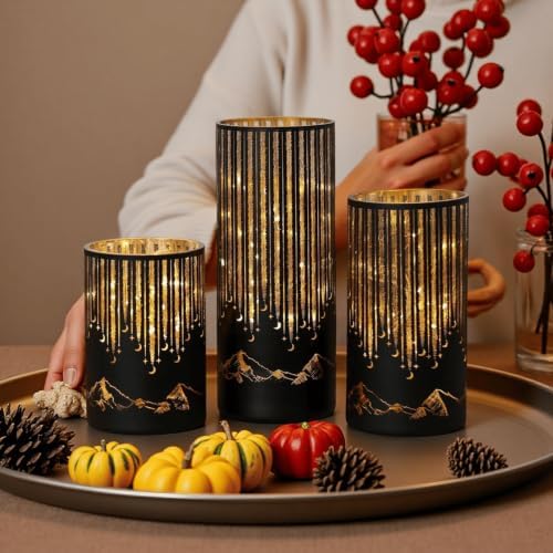 Starry Night Elegant Hurricane Candleholders with LED Flickering Lights & Remote Timer, Decorative Glass Hurricanes for Indoor Table Centerpieces & Year-Round Home Decor, Set of 3 (Black) - Image 2