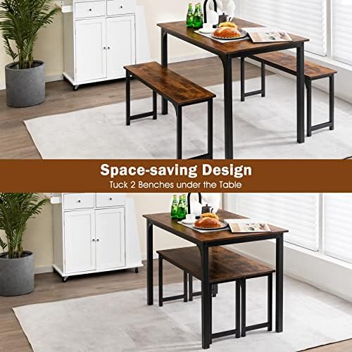 GIANTEX Dining Table Set for 4, Industrial Kitchen Table Set w/ 2 Benches, Space-Saving Dinette Set for Breakfast Nook, Dining Room, Kitchen, Easy Assembly (Mix Brown) - Image 5