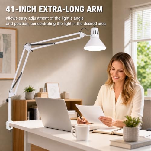 White Desk Lamp with Clamp, Extra-Tall Adjustable Metal Swing Arm, 5000K - Image 4