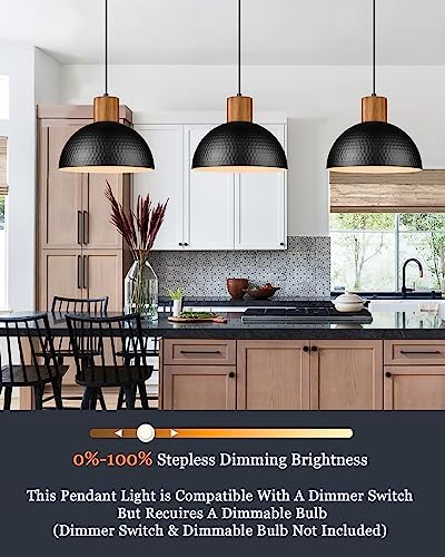 ELYONA 12" Hammered Metal Pendant Light, Rubber Wood Dome Hanging Lamp, Modern Pendant Light Fixtures for Kitchen Island, Bar, Farmhouse Dining Room, Bedroom, Hallway - Black - Image 2