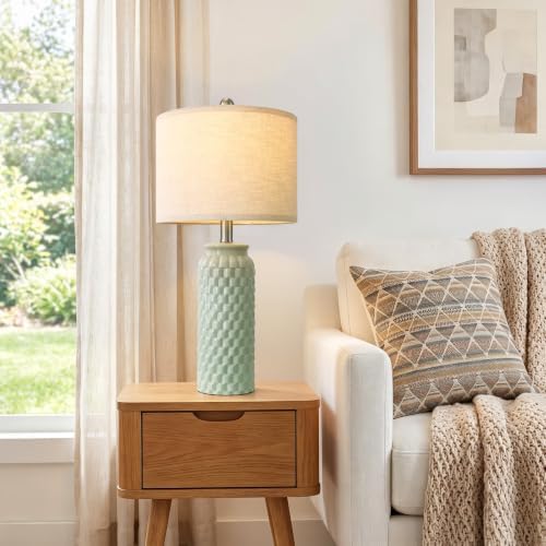 24" Modern Bedside Lamps Set of 2, Green Ceramic Nightstand Lamp - Image 3