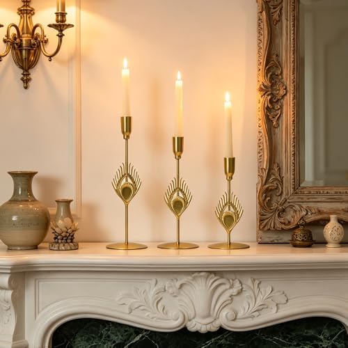 GOESWELL Candle Sconces Decor: Wall Candle Sconces Gold Taper Candle Holders Vintage Candle Holders Set of 3 for Table Centerpieces Living Room (Candlestick Holder) - Image 5