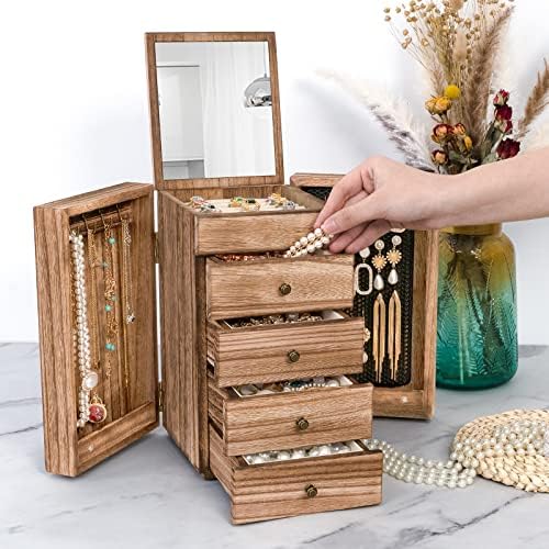 Meangood Jewelry Box Wood for Women, 5-Layer Large Organizer Box with Mirror & 4 Drawers for Rings, Earrings, Necklaces, Vintage Style, Torched Wood - Image 6