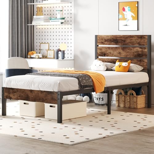 Fluest Twin Bed Frame with Headboard and Footboard, Metal Twin Bed Frame with Under Bed Storage, All-Metal Support System, No Box Spring Needed, Easy Assembly,Rustic Brown - Image 3