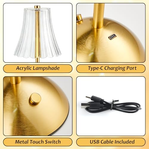 4 Pcs Cordless Table Lamp Rechargeable Touch Lamp, Gold Flower - Image 3