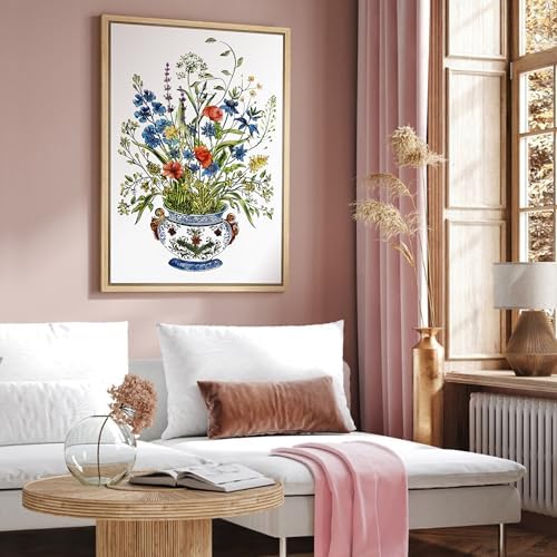 NWT Framed Canvas Print Wall Art Vibrant Wildflower Bouquet in Ornate Vase Illustrations Modern Art Decorative Landscape Rustic Zen Colorful for Living Room, Bedroom, Office - 24"x36" Natural - Image 4