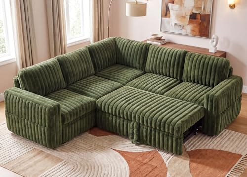 HONBAY Plush Corduroy Modular Sectional Sofa with Pull Out Bed, Convertible L Shaped Couch with Storage,Sleeper Sectional Couches for Living Room,Plush Green by HONBAY