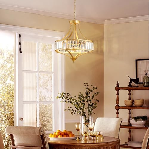 Gold Chandeliers for Dining Room Modern Round Crystal 4 Lights Rustic Pendant Lighting Fixture with Metal Lampshade for Living Room Hallway Bedroom Foyer - Image 2