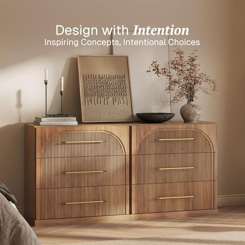 BELLEZE Set of 2 Fluted Modular Sideboard Cabinet, Classic Modern Buffet Cabinet with 3 Drawers, 65'' Accent Credenza Cabinet for Living Room Kitchen Entryway (Camel) - Image 3