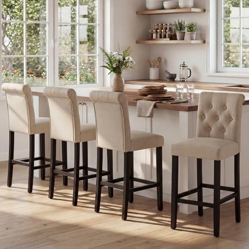 LSSBOUGHT Counter Stools,24 inches Upholstered Counter Height Chairs with Button-Tufted and Solid Wood Legs Set of 2（Beige） - Image 3