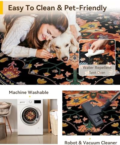 RELEANY Washable Area Rug, Round 6ft, Black/Colorful - Image 5