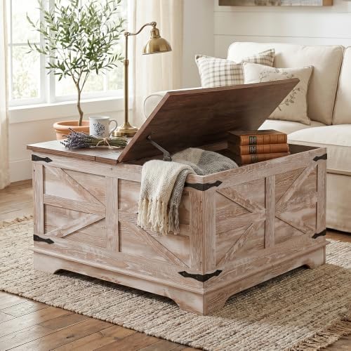 senlin Farmhouse Coffee Table, Heavy-Duty Coffee Table with Storage, Square Wood Center Table Set for Living Room with Pull Up Large Hidden Storage Compartment,Rustic Brown by SENLIN