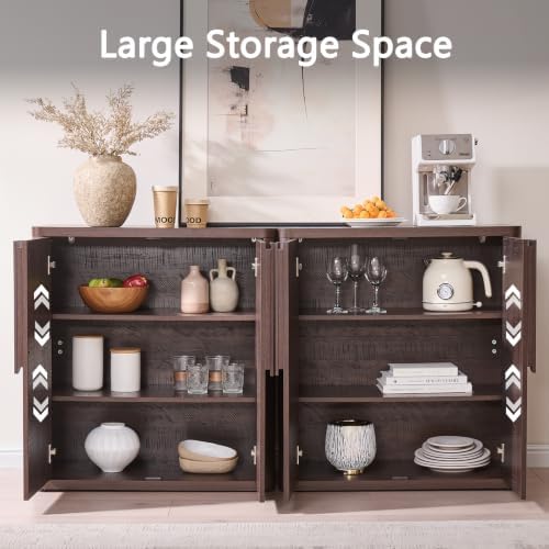 62.28'' Sideboard Buffet Cabinet W/Storage, Modern Accent Cabinets W/Curved Handles & Adjustable Shelves, 4 Doors Coffee Bar Buffet Table Credenza for Living Room Kitchen Hallway,Brown - Image 5