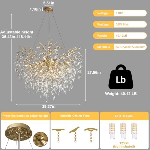 40" Modern Crystal Chandelier, 12-Light Gold Tree Branch Chandeliers, Luxury Round Chandelier for Dining Room, Living Room, Foyer, Entryway, Kitchen, Bedroom, Luxury K9 Crystal Raindrop Light Fixture - Image 4