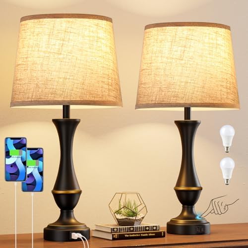 Touch Lamps for Nightstand, 3 Way Dimmable Lamps for Bedroom with USB C+A by SeealleLighting
