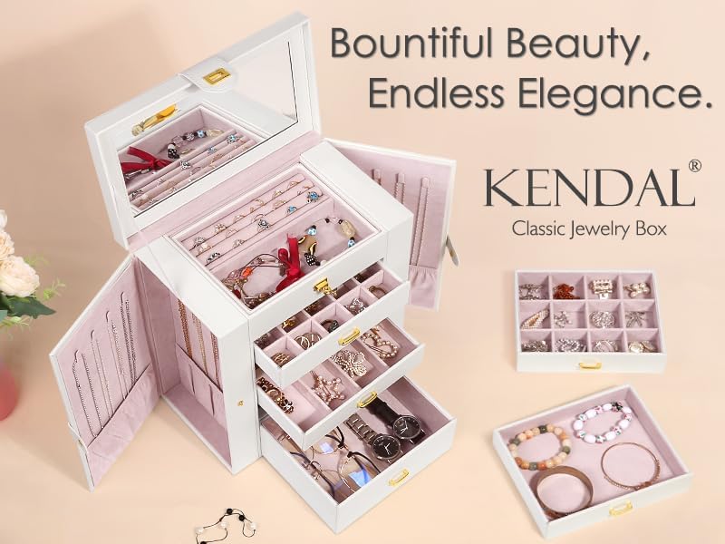 Kendal Extra Large Jewelry Box Jewelry Case PU Leather 6 Tier 5 Drawers Large Storage Capacity with Mirror Jewelry Storage Organizer Great Gift Also Good For Watches LJC-SHD5CM(White) - Image 6
