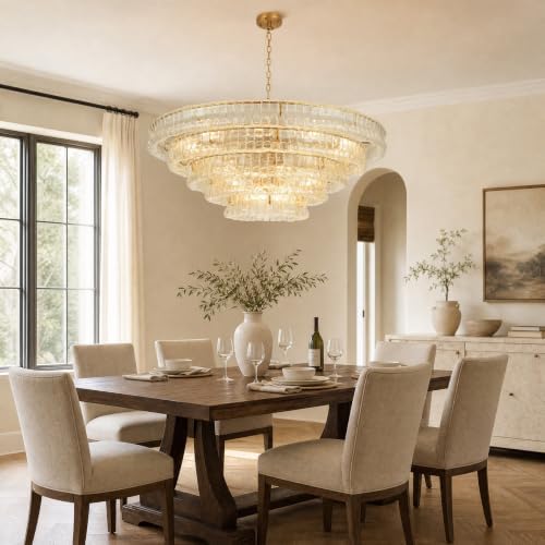 48" 5-Tier Clear Ripple Glass Chandelier, 20-Light Round Brass Chandelier - Image 5