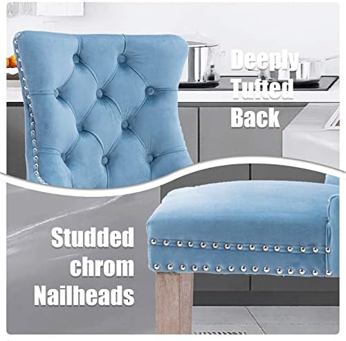 SoarFlash Modern Velvet Upholstered Bar Stools Set of 6 with Wood Legs, Button Tufted,Chrome Nailhead, Counterstool Seat, Armless Bar Chairs (Sky-Blue) - Image 6