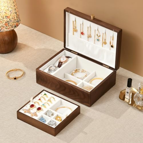 Black Walnut Wooden Jewelry Box, 2 Layer Necklace Organizer Case for Women by Vwixkuxx