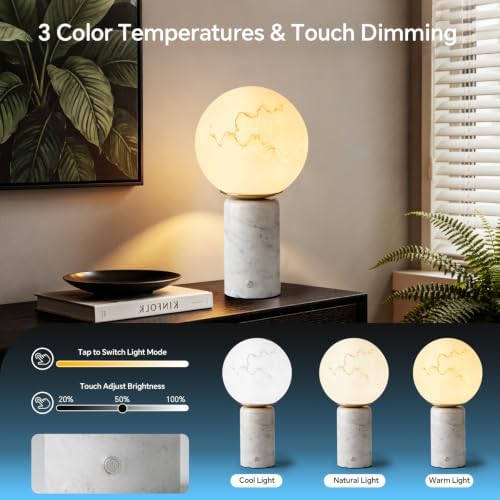 Natural Carrara White Table Lamp Cordless Rechargeable Marble Touch Night Light with Glass Shade 3 Color Adjustable LED Dimmable Ambient Lighting for Bedroom Living Room Desk Shelf - Image 4