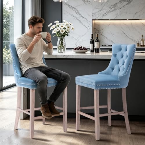 SoarFlash Modern Velvet Upholstered Bar Stools Set of 2 with Wood Legs, Button Tufted,Chrome Nailhead, Counterstool Seat, Armless Bar Chairs (Sky-Blue) - Image 5