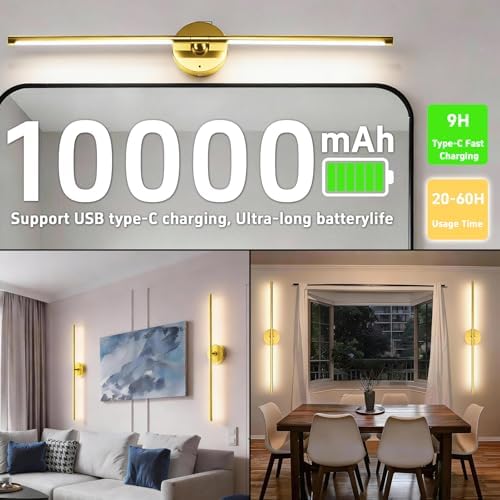 Battery Operated Wall Sconce Set of Two: Gold Wireless Rechargeable Wall Light with 10000mAh Detachable Battery and Remote, 360° Rotatable Scone Wall Decor for Bedroom Hallway Bathroom, 31.5inch - Image 3