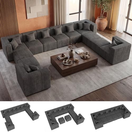MONVANE Modular Sectional Sofa, Oversized 12 Seat Convertible U Shaped Couch with Ottoman, Comfy Chenille Cloud Couch with Deep Seat, Sectional Couches for Living Room, No Assembly Required, Grey by MONVANE