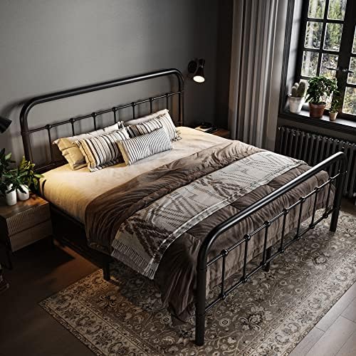 Allewie Queen Metal Bed Frame with Victorian Iron-Art Headboard, Black - Image 3