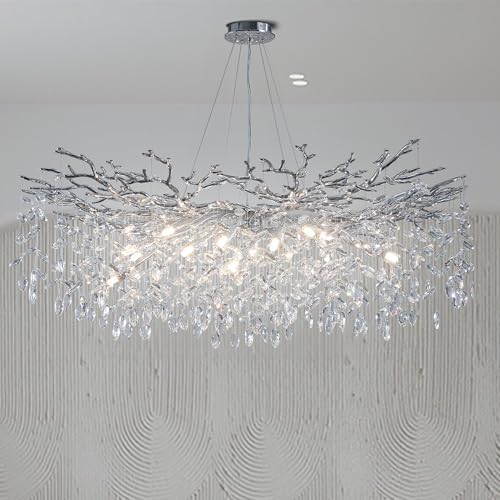 YUYI 47" Silver Tree Branch Chandelier, 18-Light Modern Crystal Chandelier, Round Chandeliers for Dining Room, Living Room, Foyer, Entryway, Bedroom, Luxury K9 Crystal Raindrop Light Fixture by YUYILIGHTING