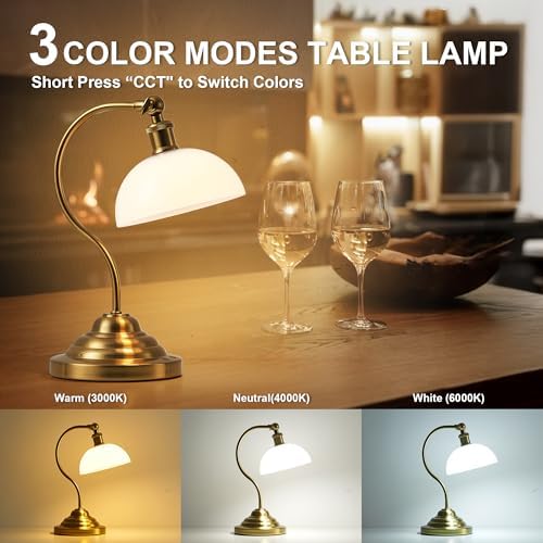 Cordless Table Lamp, Battery Operated Vintage Desk Light, Brass & White - Image 3