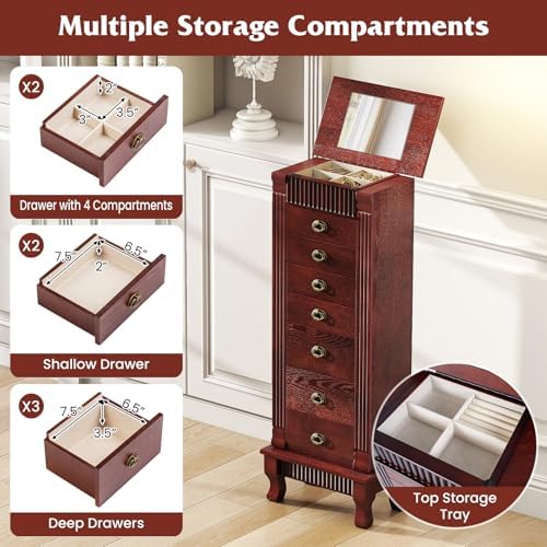DREAMADE Jewelry Armoire, Standing Jewelry Box w/Mirror & 7 Drawers, Brown - Image 3