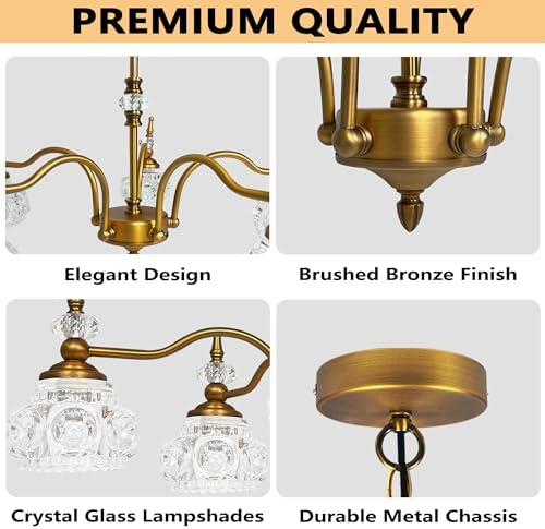 Montex Gold Brass Chandelier, 5 Light Vintage Crystal Glass Pendant Fixture - Image 3