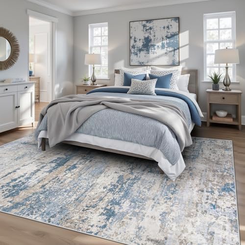 pmtsns Area Rugs 6x9 for Living Room: Washable Rug Modern Abstract Neutral Soft Non-Slip Low-Pile Indoor Carpet for Bedroom Dining Room Playroom Home Office (Light Blue Brown, 6'x9') - Image 2