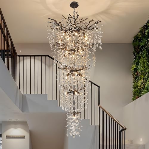 118" Black Large Chandeliers for High Ceilings, 28-Light Long Crystal Tree Branch Chandelier for High Ceiling, Staircase, Foyer, Entryway, Living Room, Luxury K9 Crystal Raindrop Tiered Chandelier by YUYILIGHTING