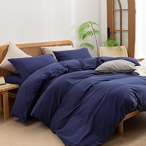 BESTOUCH Cotton Solid Duvet Cover Set Linen Feel Navy Blue Full - Image 5