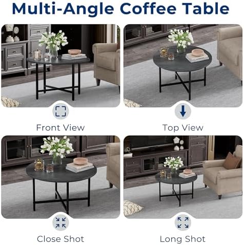 FAMIDGE Coffee Table, 23.6" Round Coffee Table, Grey Living Room Tables - Image 4