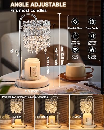 Candle Warmer Lamp with Timer Dimmer Adjustable Height Candle Warmer with Marble Base for Jar Candles, Crystal Candle Lamp with 3 Bulbs for New Home Decor, Women Mom Christmas Birthday Gifts, Silver - Image 2
