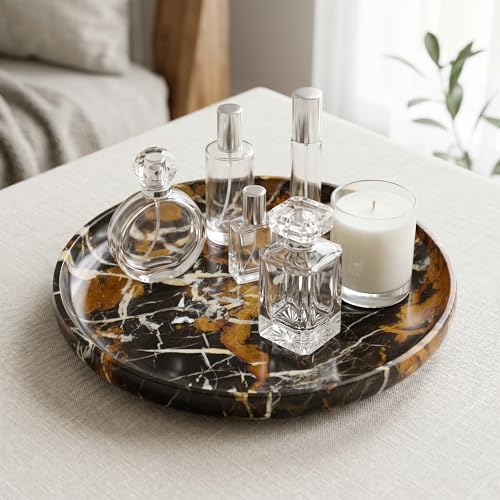 YKAJO Black Gold Round Marble Tray, 10" Deep Catchall Vanity Organizer Dish - Image 2