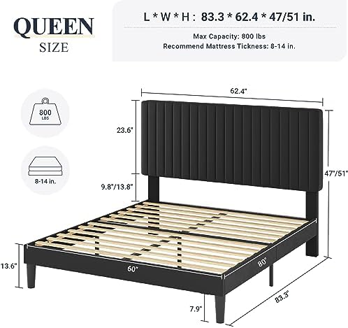 Allewie Queen Bed Frame, Velvet Upholstered Platform Bed with Vertical Channel Tufted Headboard, Mattress Foundation with Strong Wooden Slats, Box Spring Optional, Easy Assembly, Black - Image 2