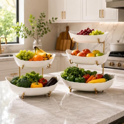 HBlife 2 Tier Large Fruit Bowl, Ceramic Fruit Basket for Kitchen Counter - Image 6