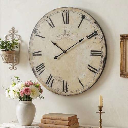 24 Inch Vintage Yellow Wall Clock, Farmhouse Silent Non-Ticking Battery Operated Wall Clocks, Large Roman Numeral Dial Decorative Round Wall Clock for Living Room, Kitchen, Office by MACVAD